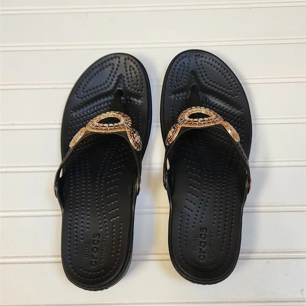 Crocs Women's Sanrah Diamante Wedge Flip Sandals Size 8 Black - Picture 2 of 10